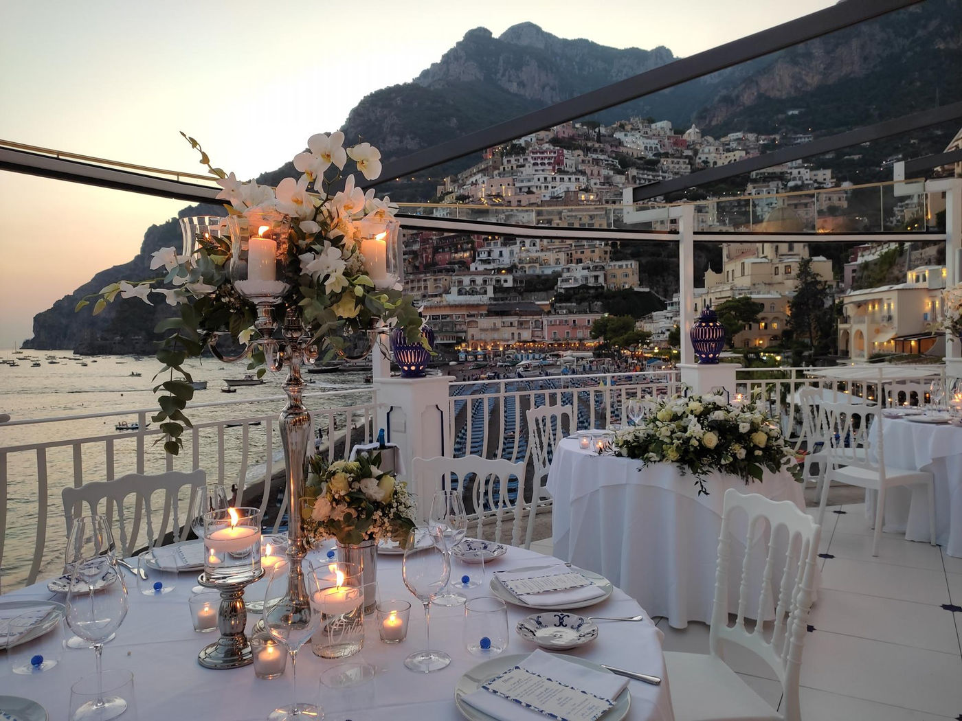 Sea-view terrace overlooking the Amalfi coast at sunset